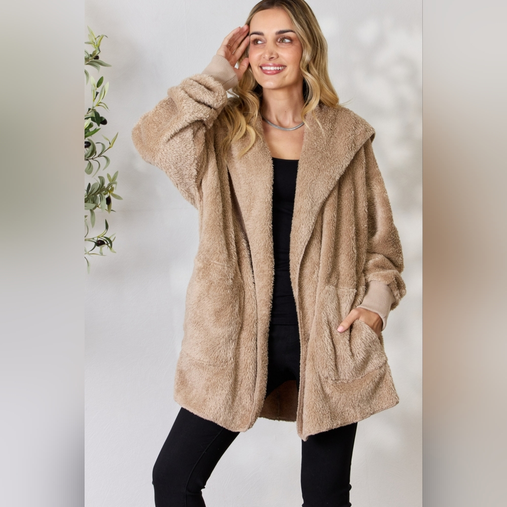 H&T Designer Tan Faux Fur Open Front Hooded Jacket